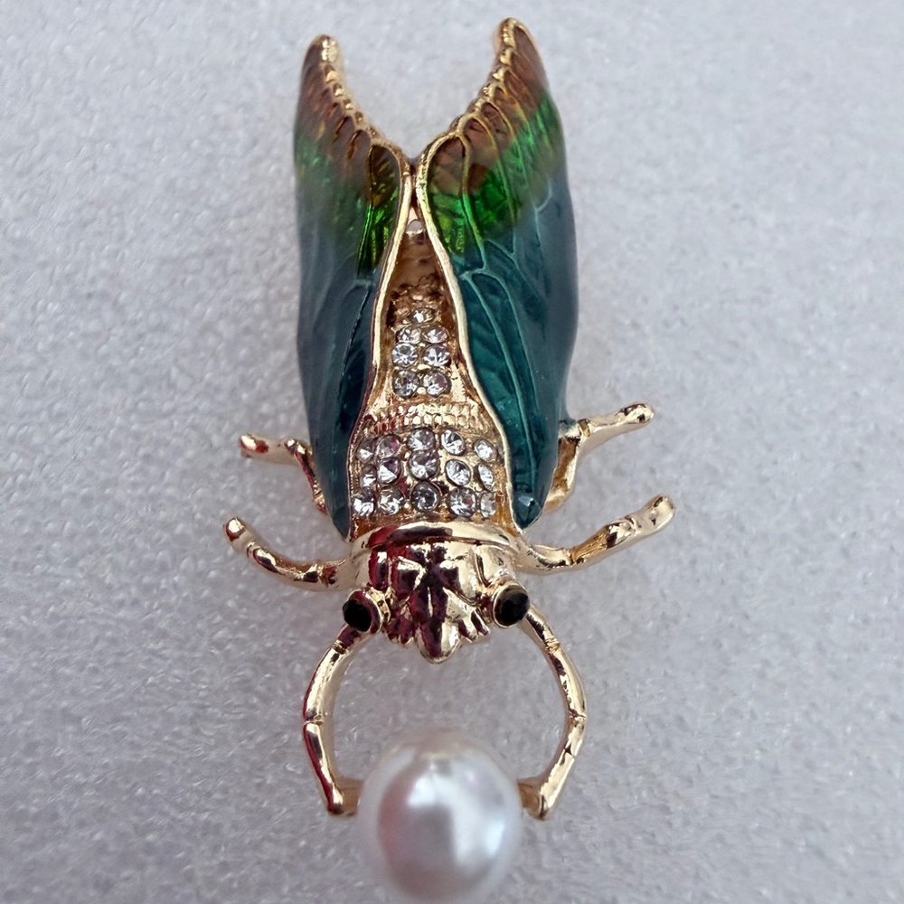 Beetle Brooch Gold-Tone Green Enamel with Pearl Accent